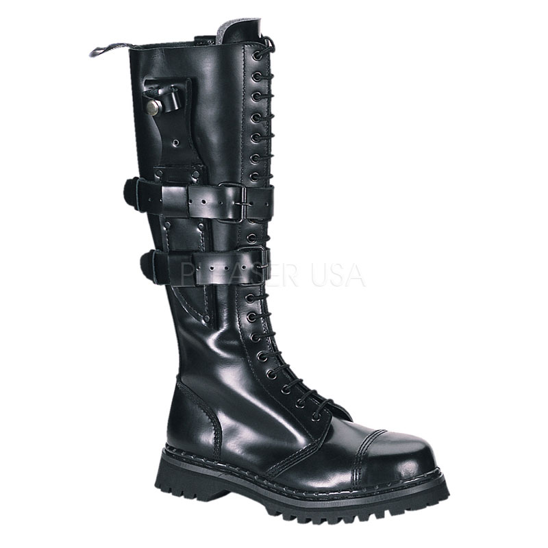 DEMONIA PREDATOR-I 20 Eyelet Knife Holder strap S/T Blk Le Knee Boot Blk Leather