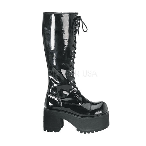 DEMONIA RANGER-302 3 1/2" Platform Blk Pat Knee Boots Blk Pat