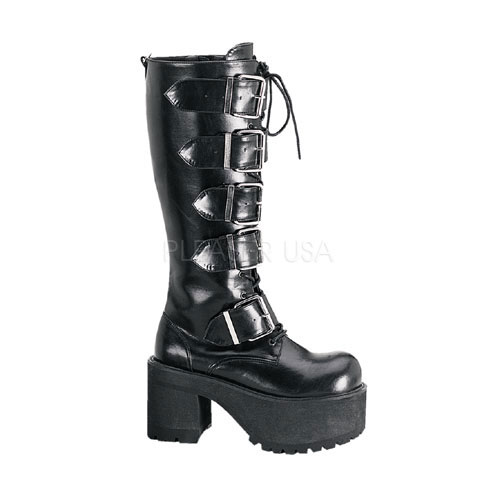 DEMONIA RANGER-318 3 1/2" Platform Blk Pat Knee Boots Blk Pat