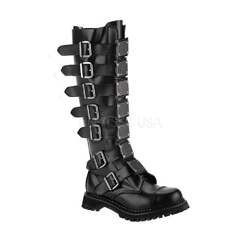 DEMONIA REAPER-30 30 Eyelet Metal Plates S/T Blk Leather Knee Boot Blk Leather