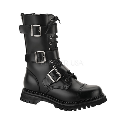 DEMONIA RIOT-12 12 Eyelet 3 Strap S/T Blk Leather Calf Boot Blk Leather
