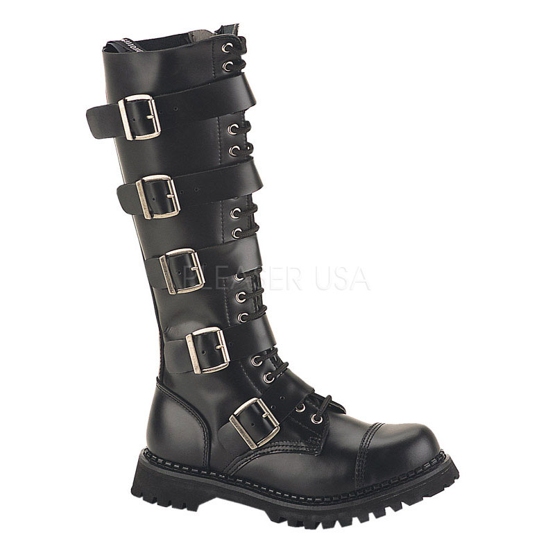DEMONIA RIOT-20 20 Eyelet 5 Strap S/T Blk Leather Knee Boot Blk Leather