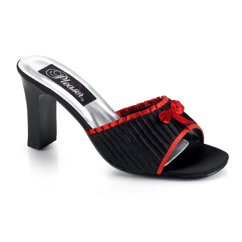 CLEARANCE ROMANCE-301-4 *3 1/4" Square Heel Slide Blk-Red Satin