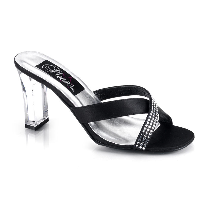 CLEARANCE ROMANCE-303 *3 1/4" Square Heel Criss-Cross Slide W/ Blk Satin