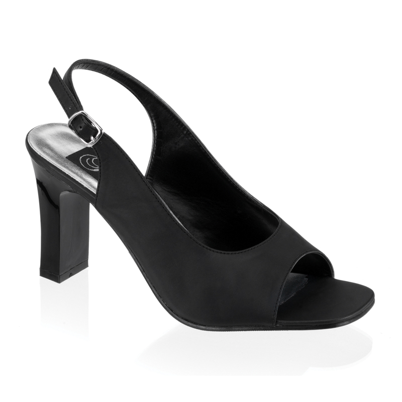 CLEARANCE ROMANCE-359 *3 1/4" Square Heel Sling Back Sandal W/RS Blk Satin Pu