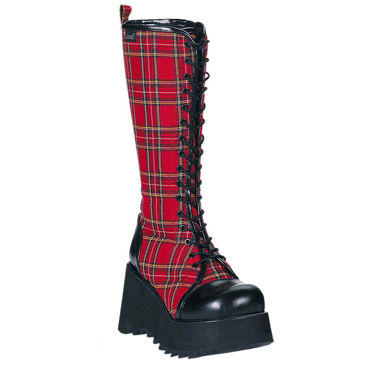 DEMONIA SCENE-100 3 1/2 " Blk Pu/Red Plaid P/F Knee Boo Red Plaid-Blk Pu