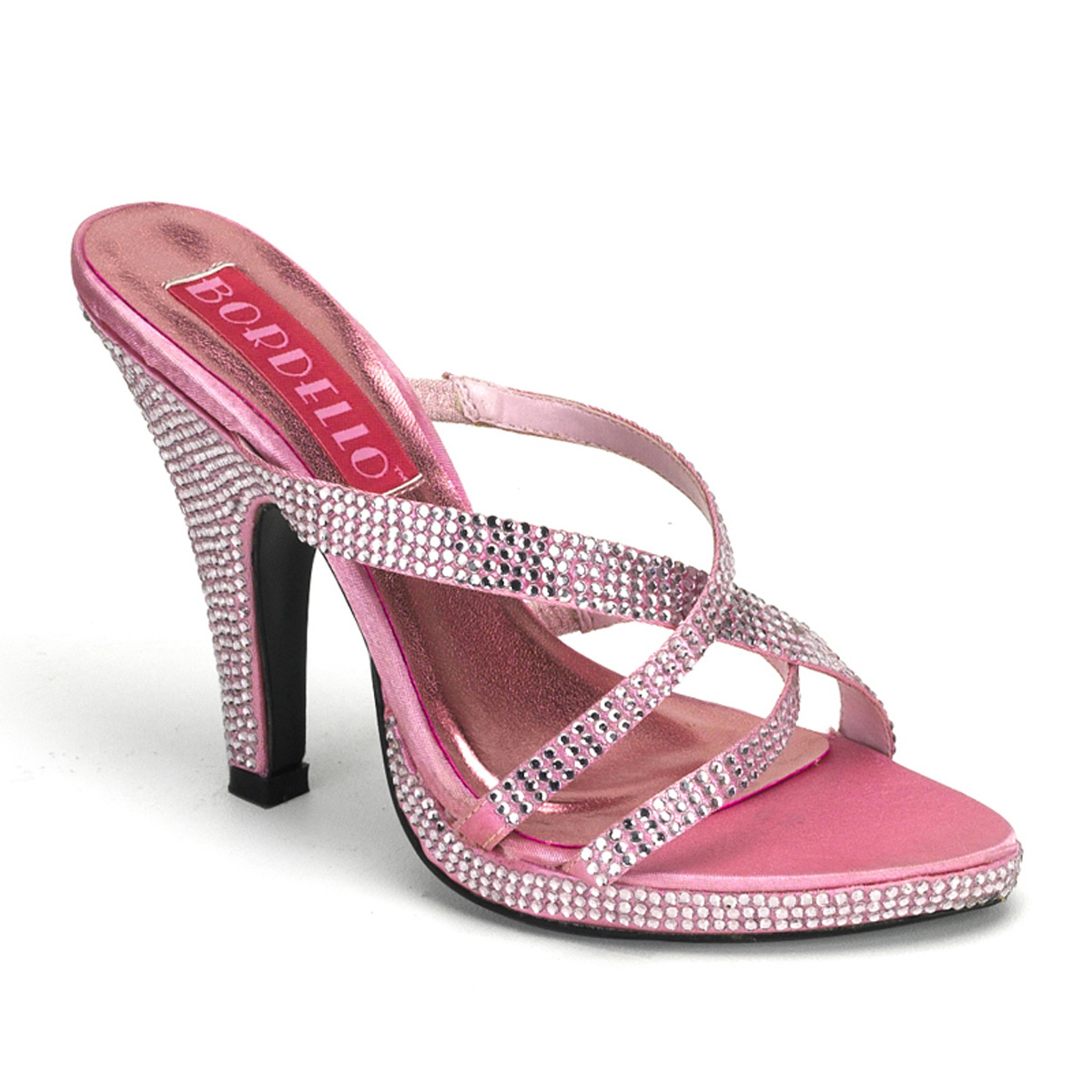 BORDELLO SIREN-02R 4" Heel Rhinestoned Criss Cross Mini PF Slide B. Pink Rhinestones