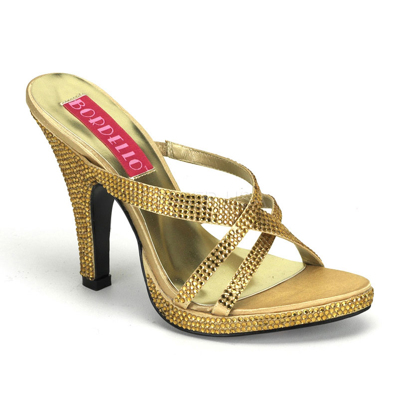 BORDELLO SIREN-02R 4" Heel Rhinestoned Criss Cross Mini PF Slide Gold Rhinestones