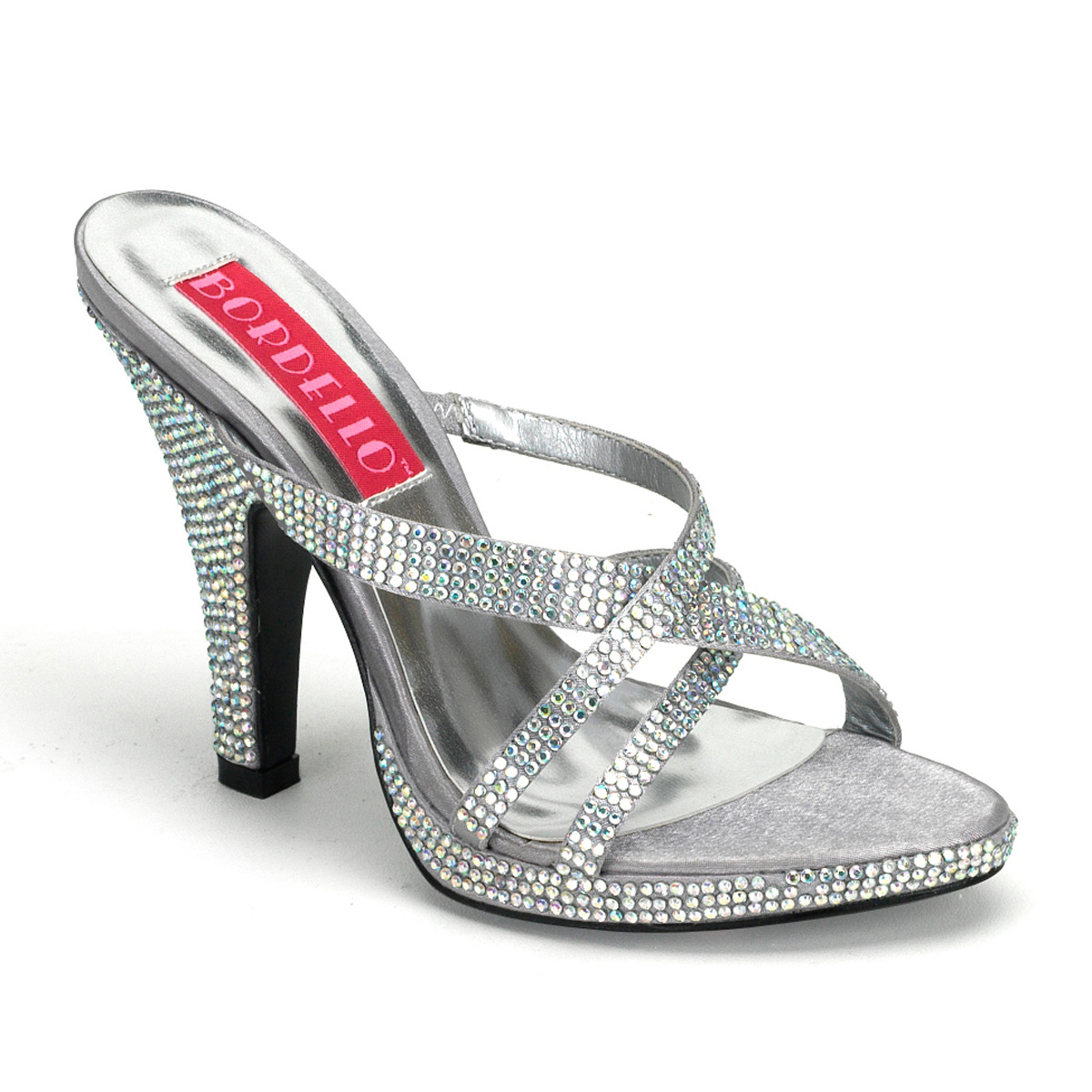 BORDELLO SIREN-02R 4" Heel Rhinestoned Criss Cross Mini PF Slide Iridescent Rhinestones