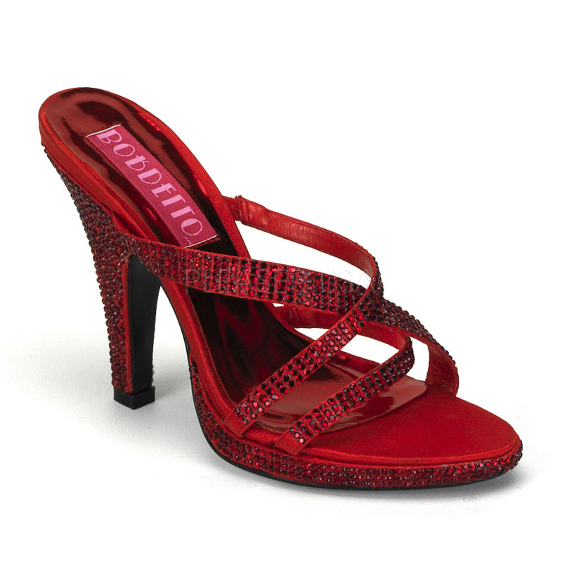 BORDELLO SIREN-02R 4" Heel Rhinestoned Criss Cross Mini Pf Slide Red Rhinestones
