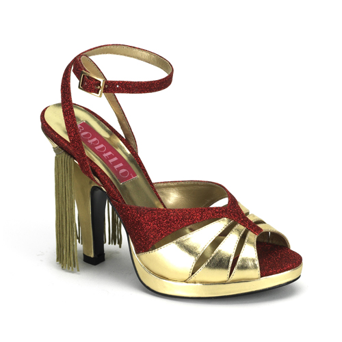 BORDELLO SIREN-05G 4" Heel Wrap Around Mini Platform Sandal W/Fringe Red Gltr-Gold Pu