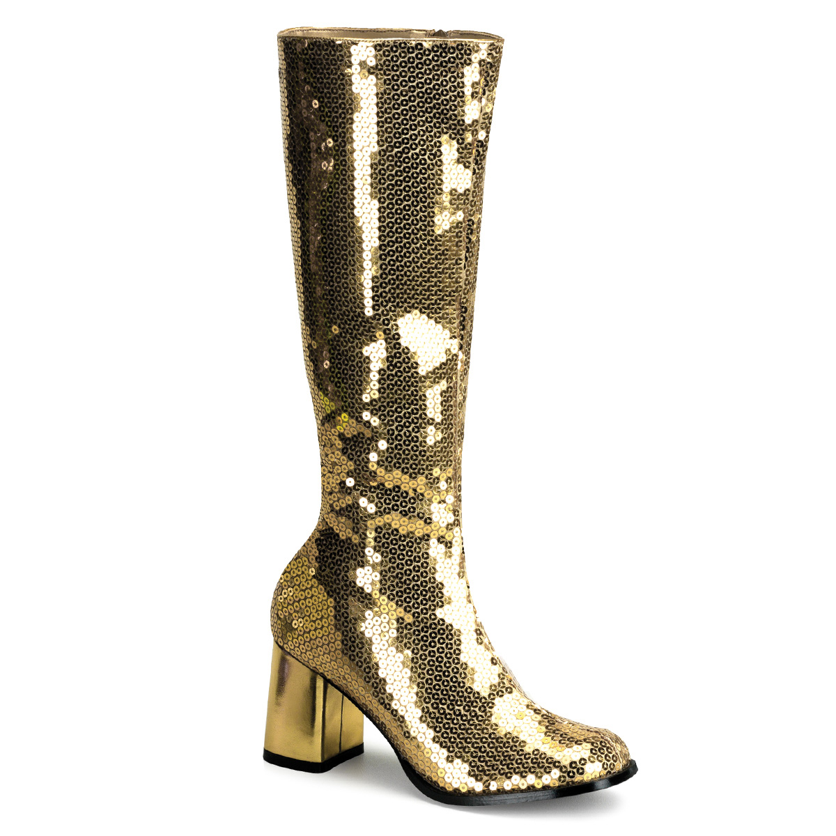 BORDELLO SPECTACUL-300SQ 3" Block Heel Sequins Knee Boot Gold Sequins