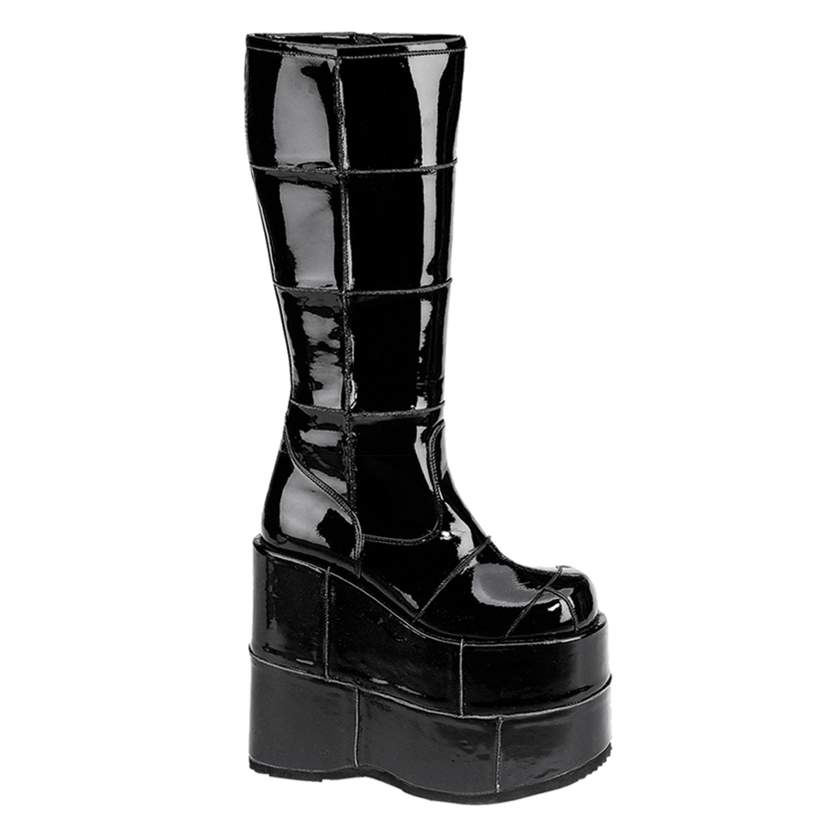 DEMONIA STACK-301 7" P/F Patched Blk Pat Knee Boot Blk Pat