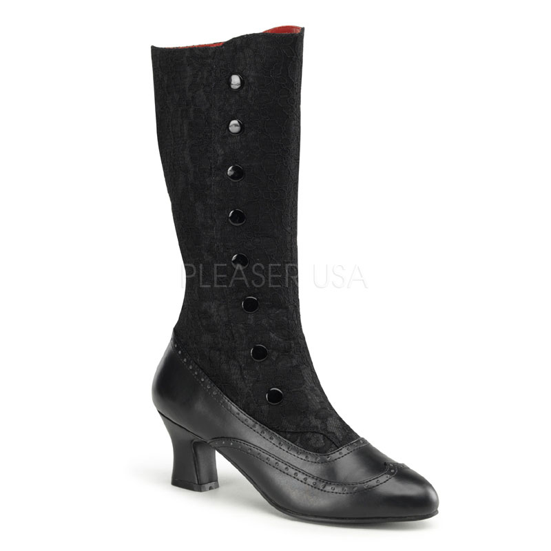 FUNTASMA SPOOKY-160 2" Heel, Button Up Calf Boot W/ Inner Side Zip Blk Satin-Blk Lace
