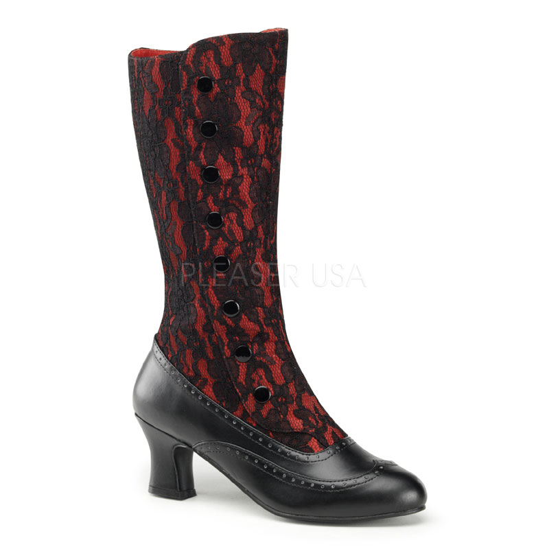 FUNTASMA SPOOKY-160 2" Heel, Button Up Calf Boot W/ Inner Side Zip Red Satin-Blk Lace
