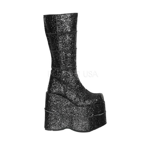 DEMONIA STACK-301G 7" P/F Blk Glitter Knee Boot Blk Gltr