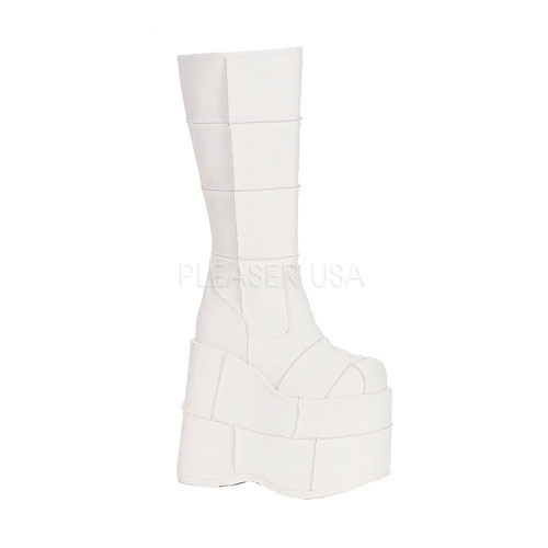 DEMONIA STACK-301 7" P/F Patched Wht Pu Knee Boot Wht Pu