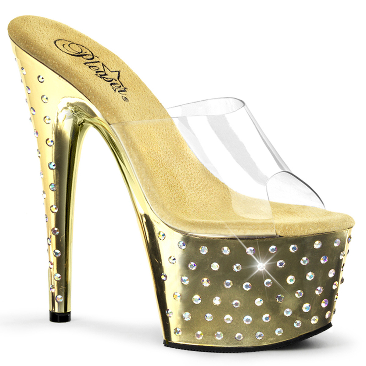 PLEASER STARDUST-701 7" Rhinestone Studded Gold Chrome P/F Slide Clr/Gold Chrome