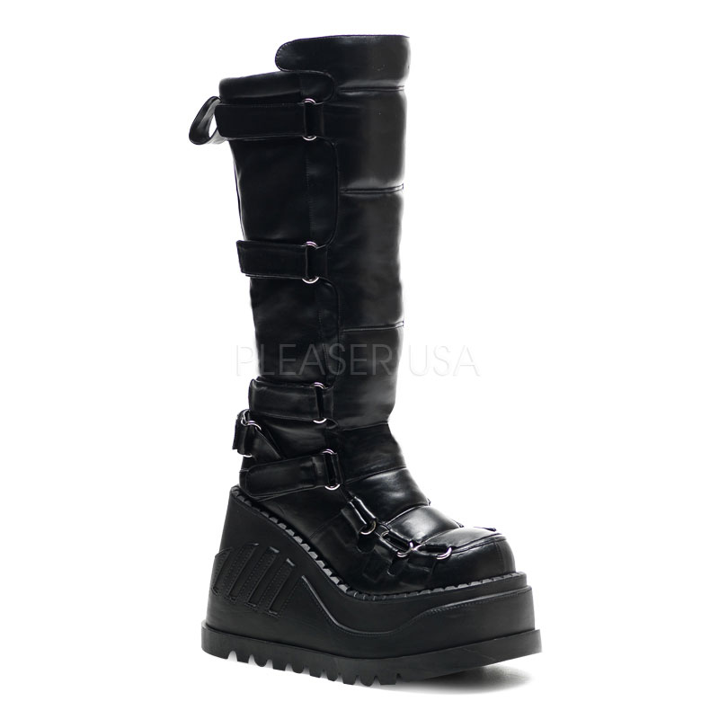 DEMONIA STOMP-306 4 3/4" P/F Blk PuVelcro Straps Knee Boot Blk Pu