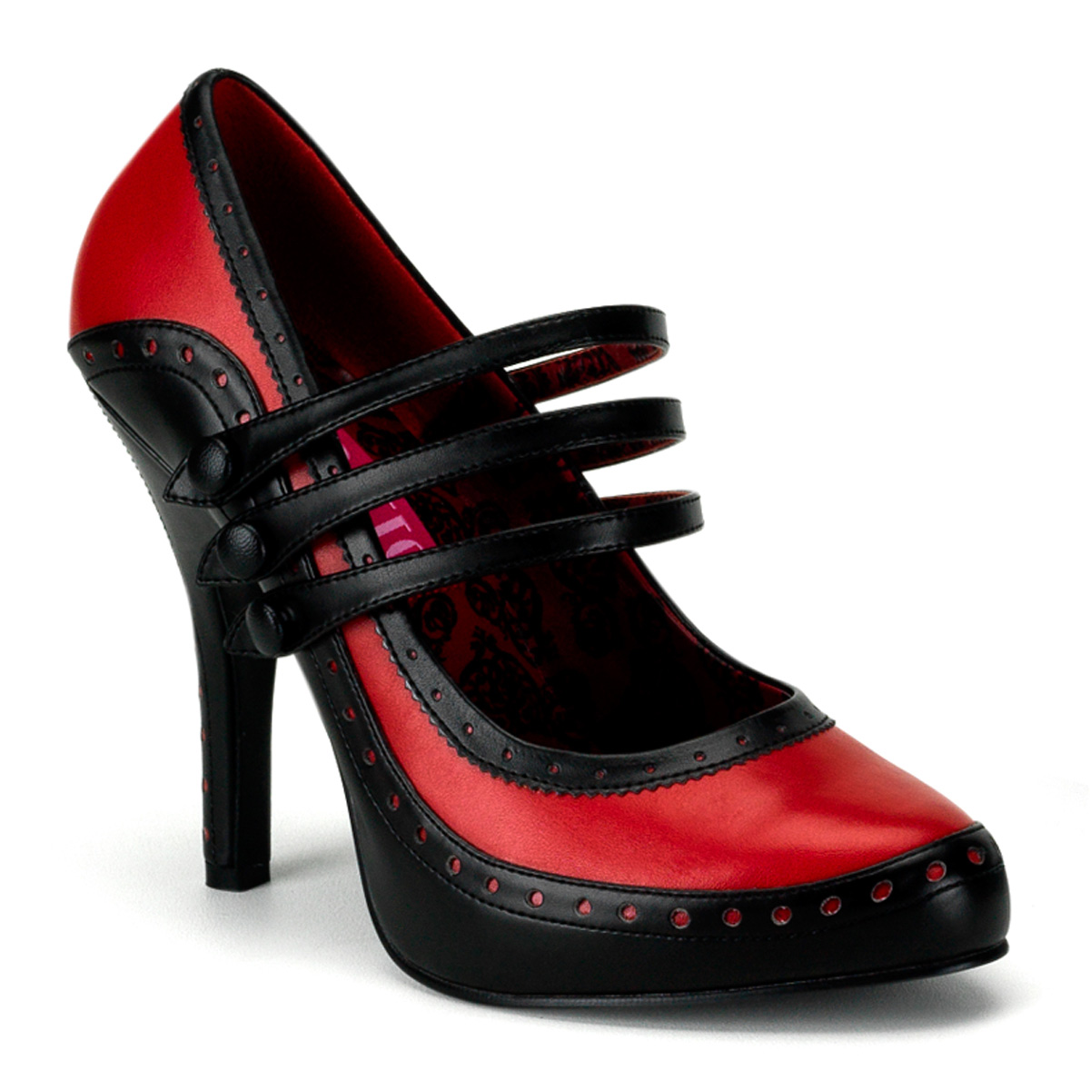 BORDELLO TEMPT-10 4 1/2" Heel 3 Strap Spectator Pump W/Concealed PF Blk-Red Pu