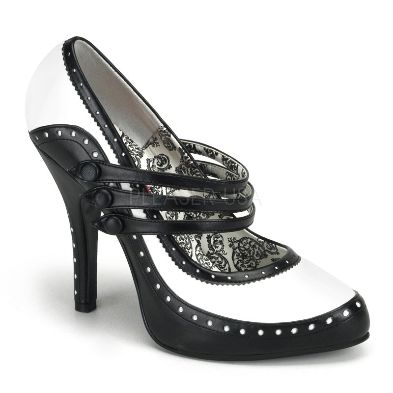 BORDELLO TEMPT-10 4 1/2" Heel 3 Strap Spectator Pump W/Concealed PF Blk-Wht Pu