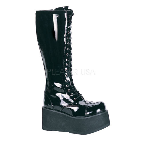 DEMONIA TRASHVILLE-502 3 1/4" P/F 17 Eyelet Blk Pat Knee Boot Blk Pat