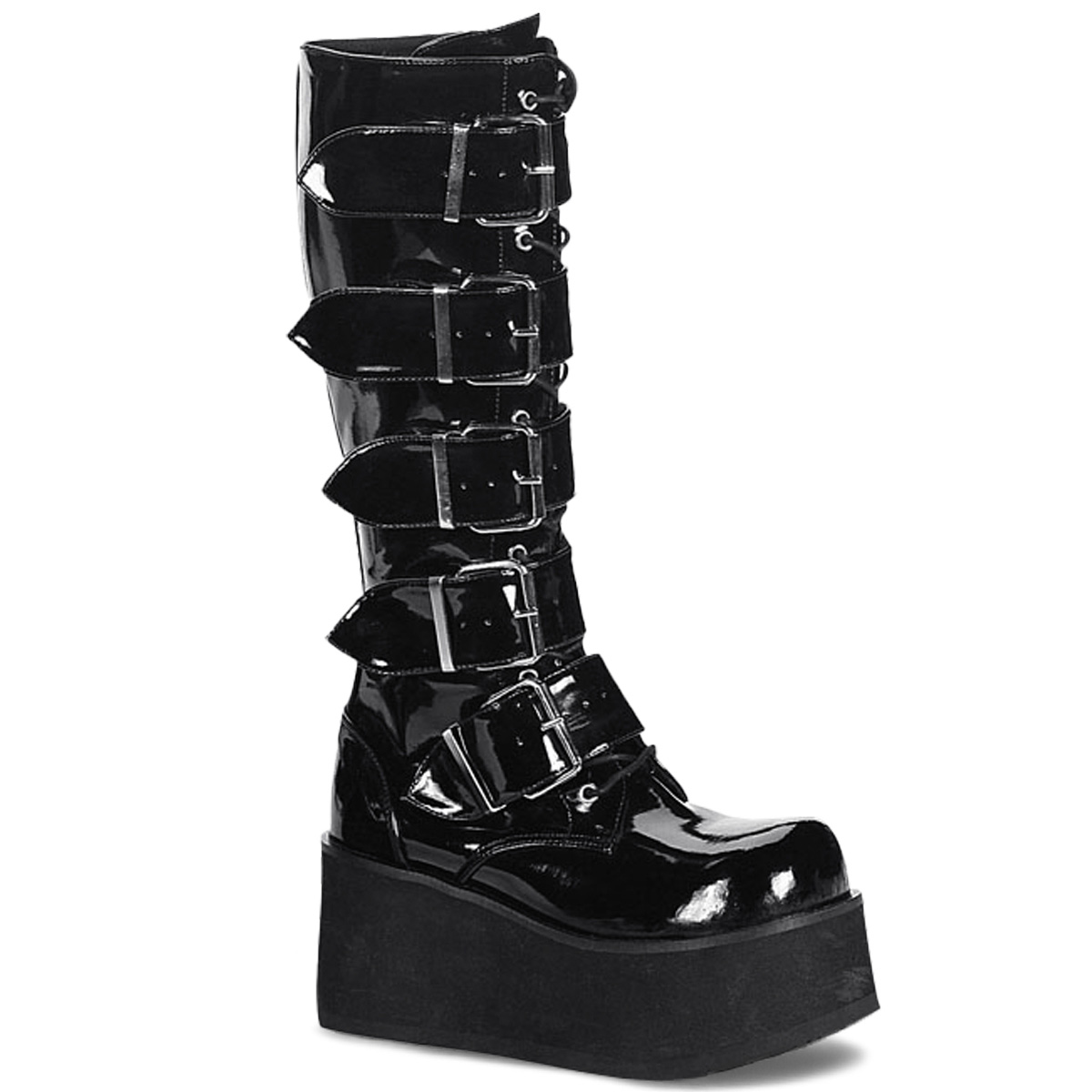 DEMONIA TRASHVILLE-518 3 1/4" P/F 5 Buckled Blk Pat Knee Boots Blk Pat