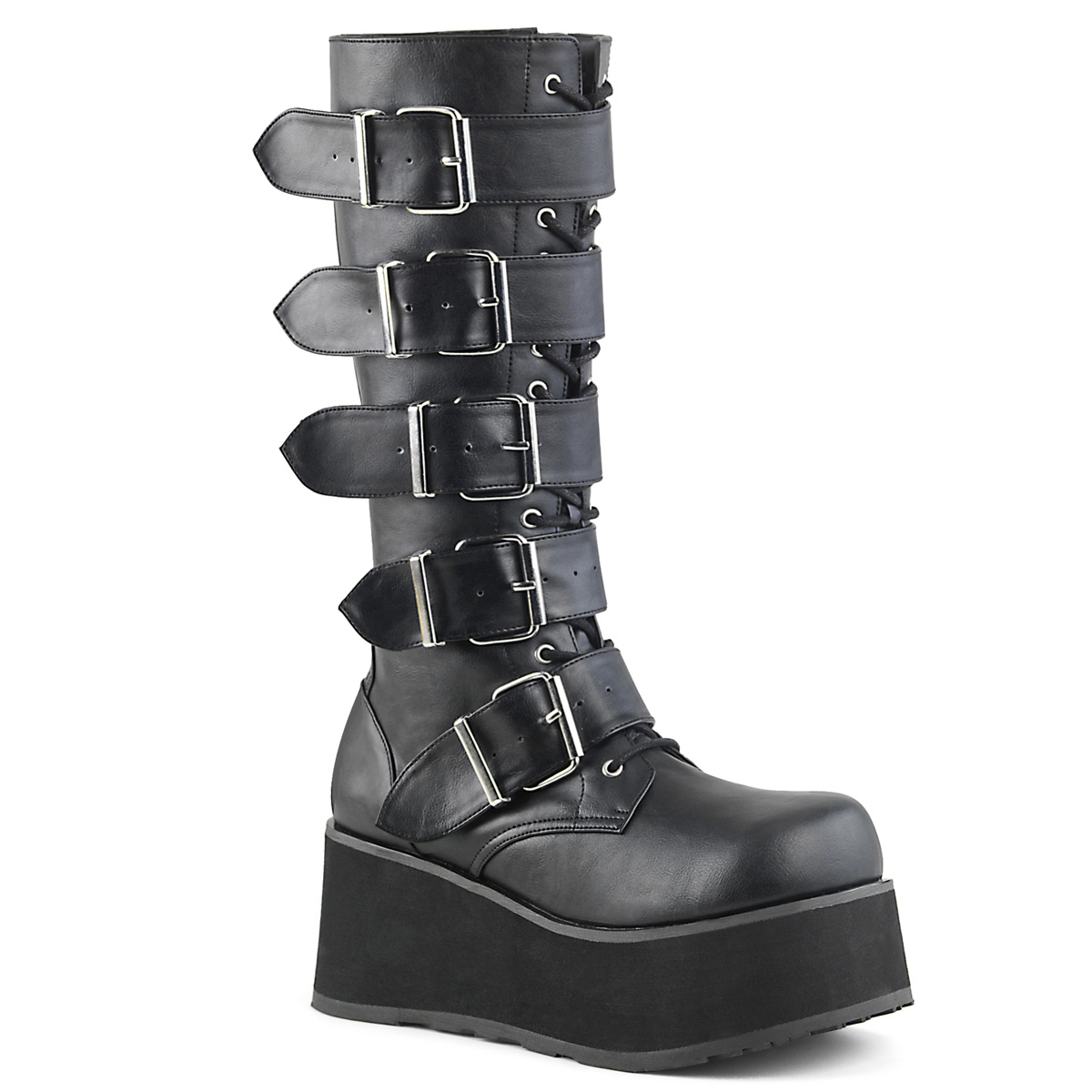 DEMONIA TRASHVILLE-518 3 1/4" P/F 5 Buckled Blk Pu Knee Boots Blk Pu