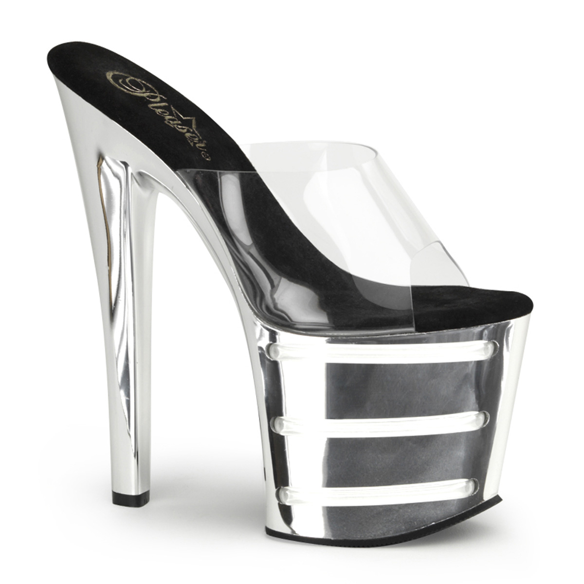 PLEASER TABOO-701T 7 1/2" Heel, 3 1/2" PF Slide W/ UV Tubes Clr/Chrome-Light Blue