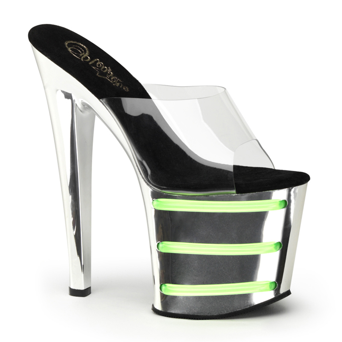 PLEASER TABOO-701T 7 1/2" Heel, 3 1/2" PF Slide W/ UV Tubes Clr/Chrome-Lime Green