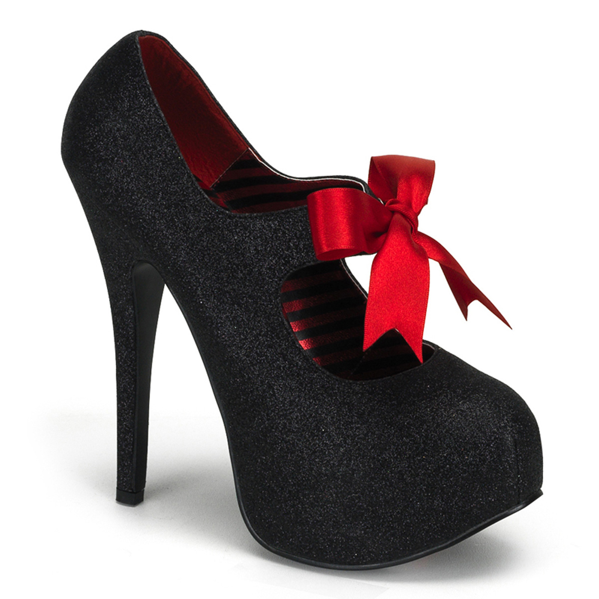 BORDELLO TEEZE-04G 5 3/4" Heel Glitter Platform W/Ribbon Bow Tie Blk Mini Gltr