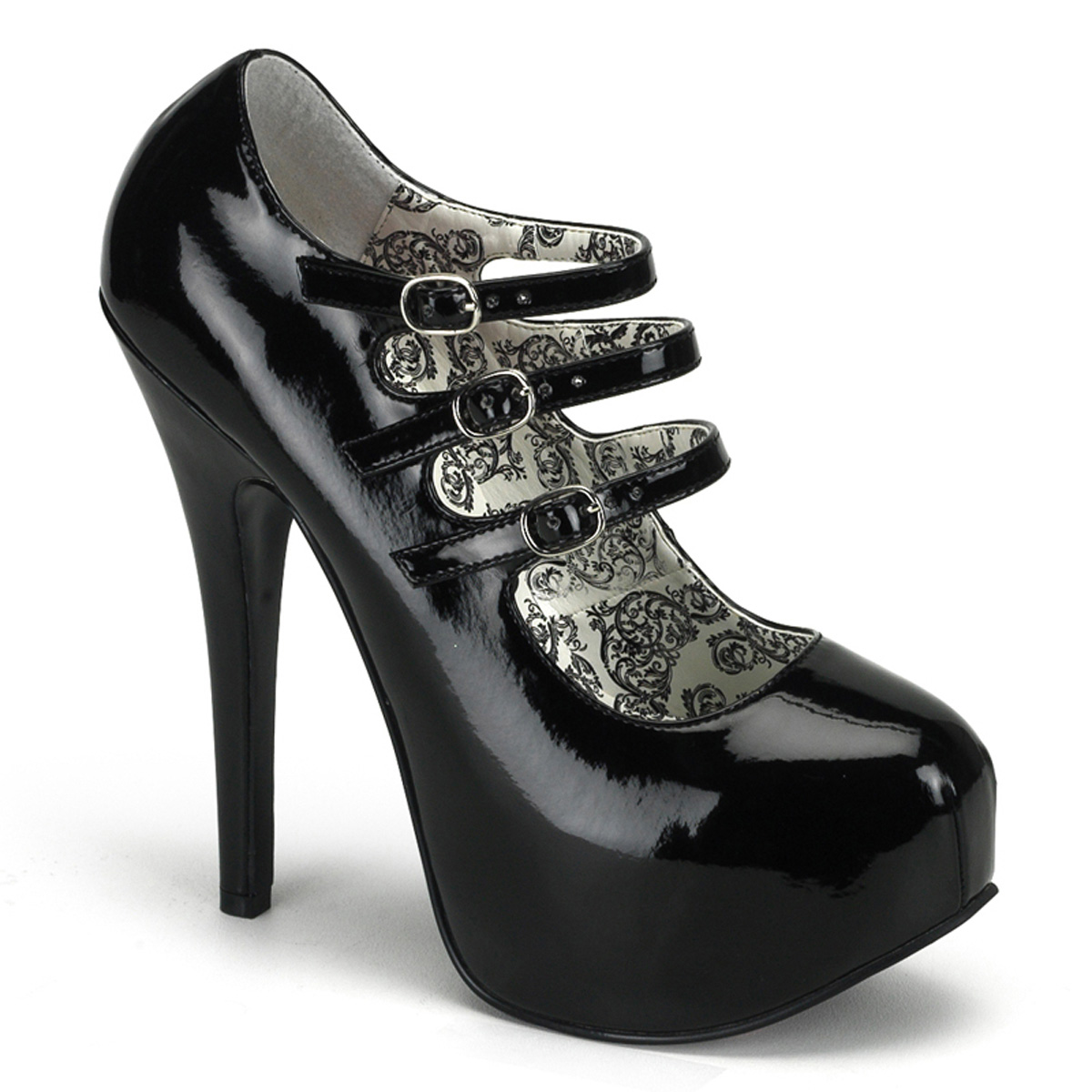 BORDELLO TEEZE-05 5 3/4" Heel 3 Buckle Strapped Concealed Platform Blk Pat