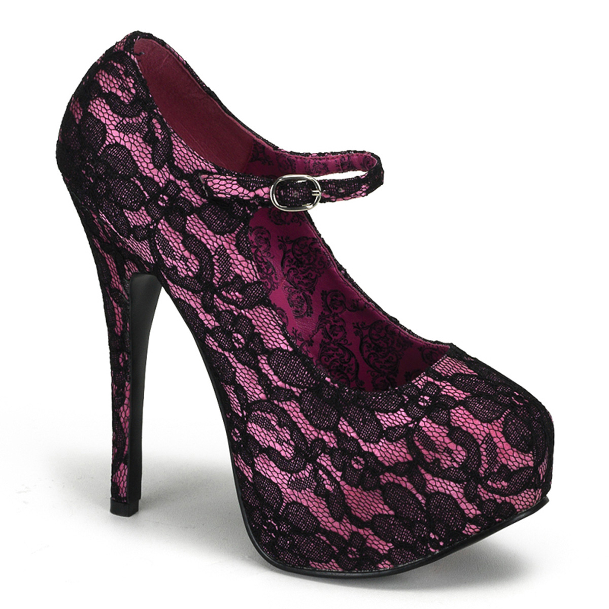 BORDELLO TEEZE-07L 5 3/4" Heel Lace Maryjane W/Concealed Platform H. Pink Satin-Blk Lace