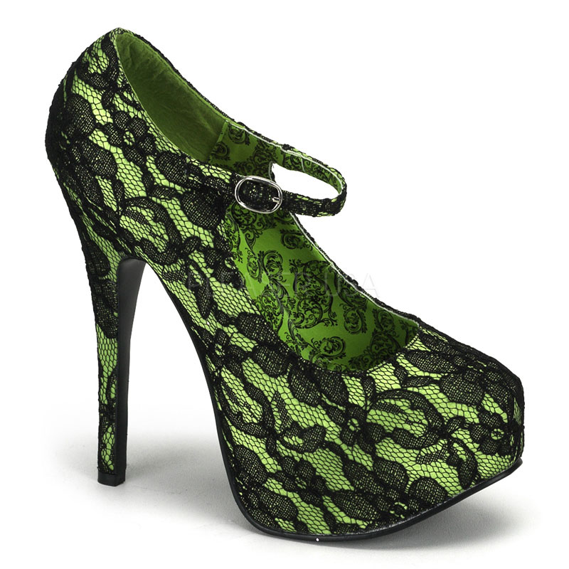 BORDELLO TEEZE-07L 5 3/4" Heel Lace Maryjane W/Concealed Platform Lime Green Satin-Blk Lace