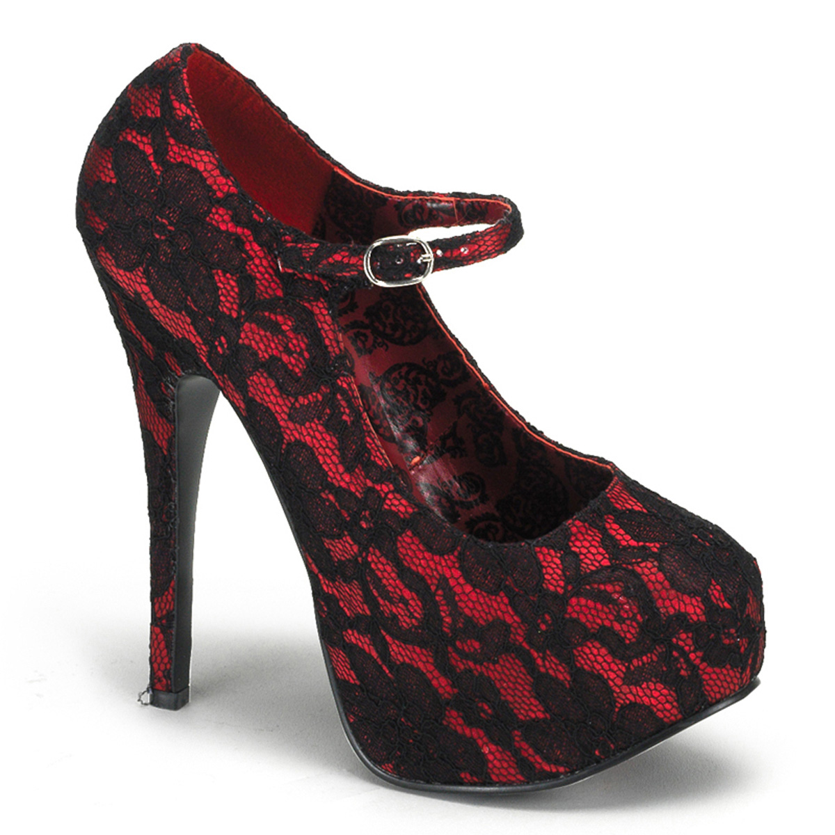 BORDELLO TEEZE-07L 5 3/4" Heel Lace Maryjane W/Concealed Platform Red Satin-Blk Lace