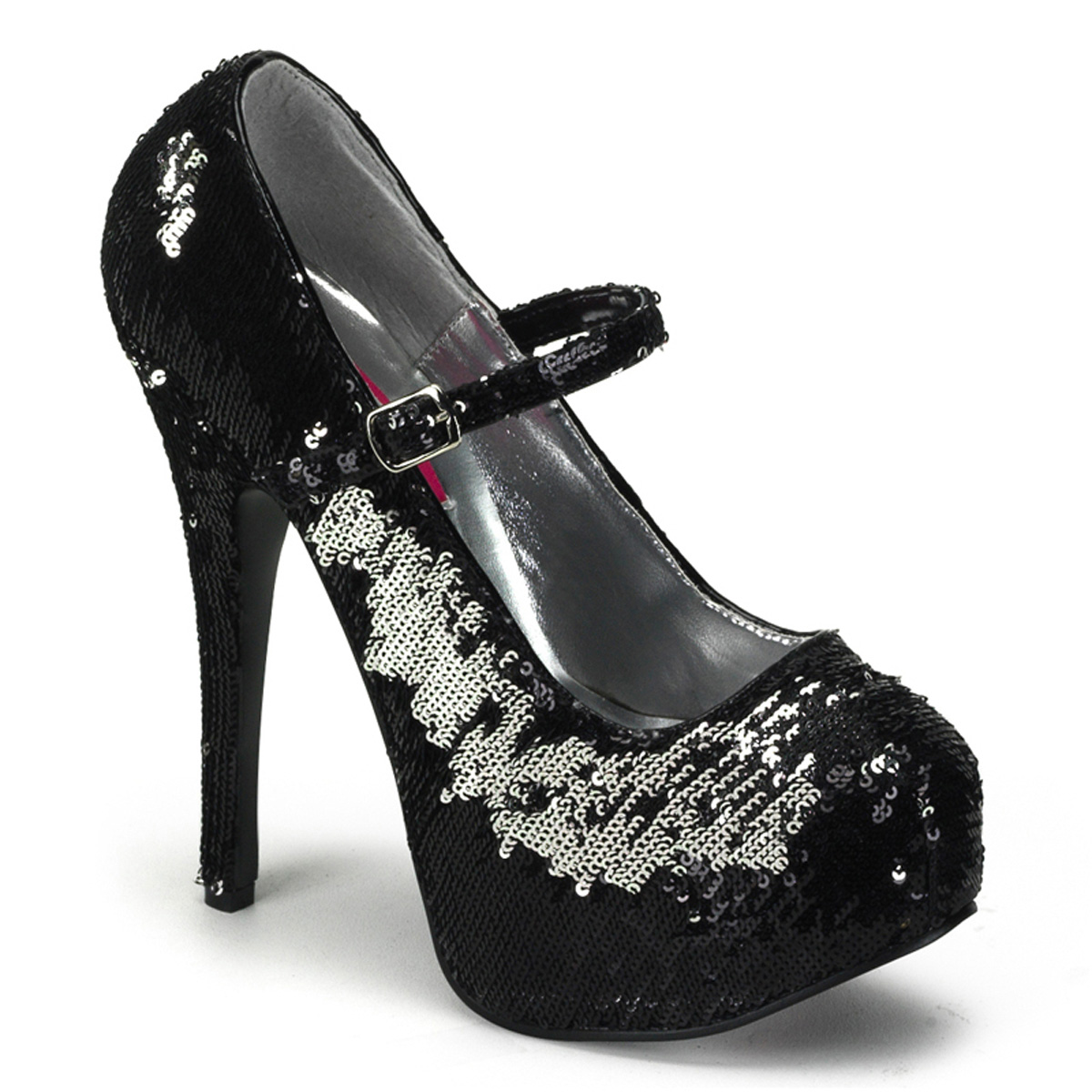 BORDELLO TEEZE-07SQ 5 3/4" Sequins Maryjane W/Concealed Platform Blk-Slv Sequins