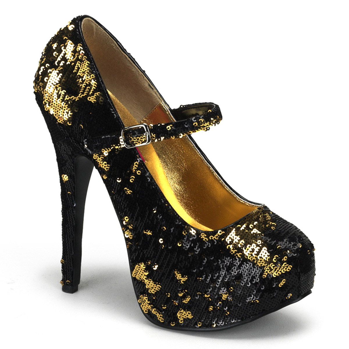 BORDELLO TEEZE-07SQ 5 3/4" Sequins Maryjane W/Concealed Platform Blk-Gold Sequins