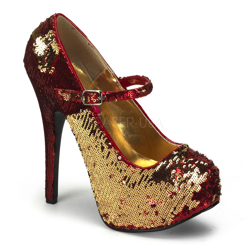 BORDELLO TEEZE-07SQ 5 3/4" Sequins Maryjane W/Concealed Platform Red-Gold Sequins