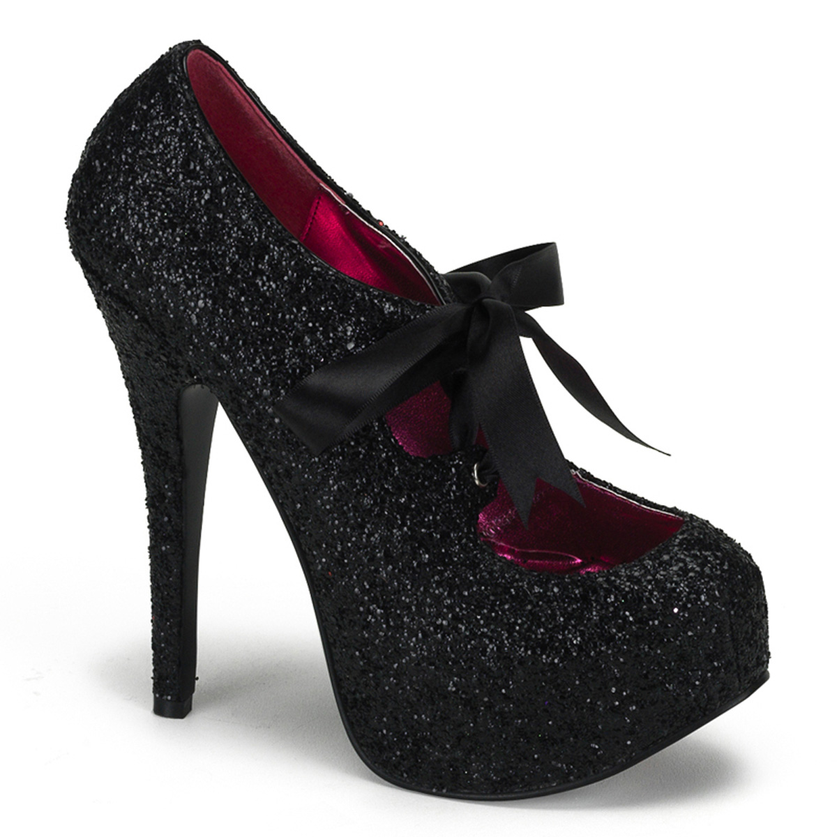 BORDELLO TEEZE-10G 5 3/4" Heel Gltr. Concealed PF Pump W/Ribbon Lace Blk Gltr