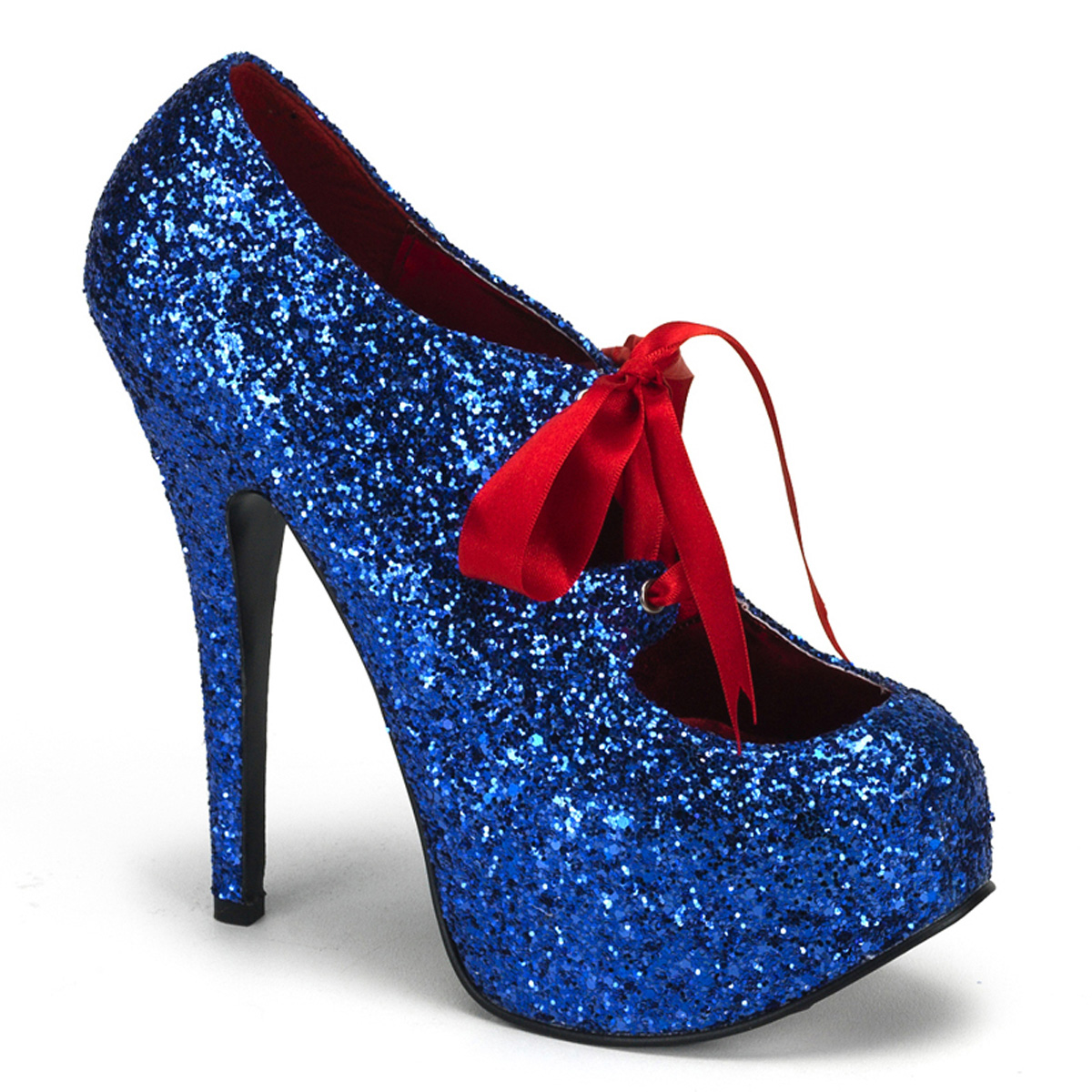 BORDELLO TEEZE-10G 5 3/4" Heel Gltr. Concealed PF Pump W/Ribbon Lace Blue Gltr