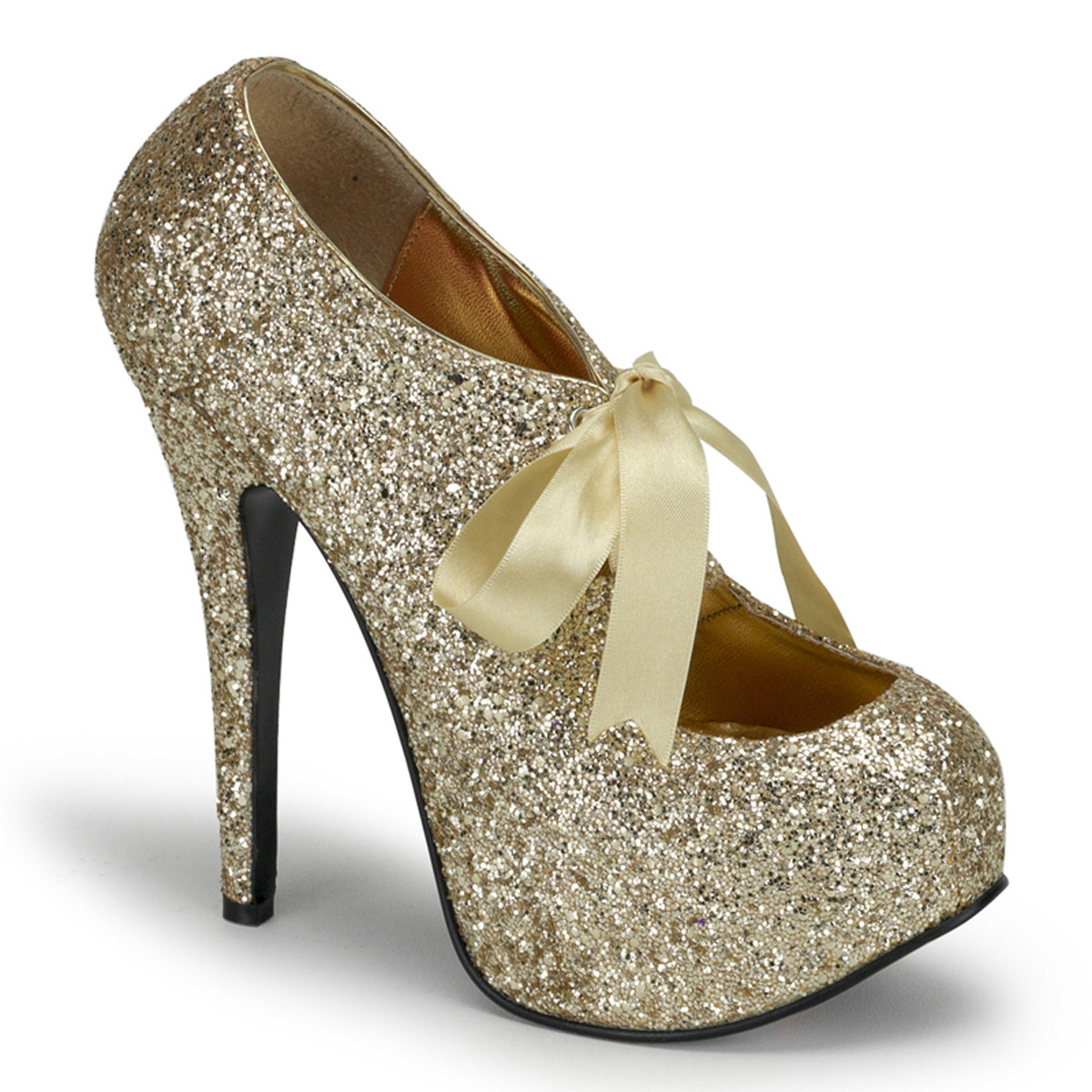 BORDELLO TEEZE-10G 5 3/4" Heel Gltr. Concealed PF Pump W/Ribbon Lace Gold Gltr