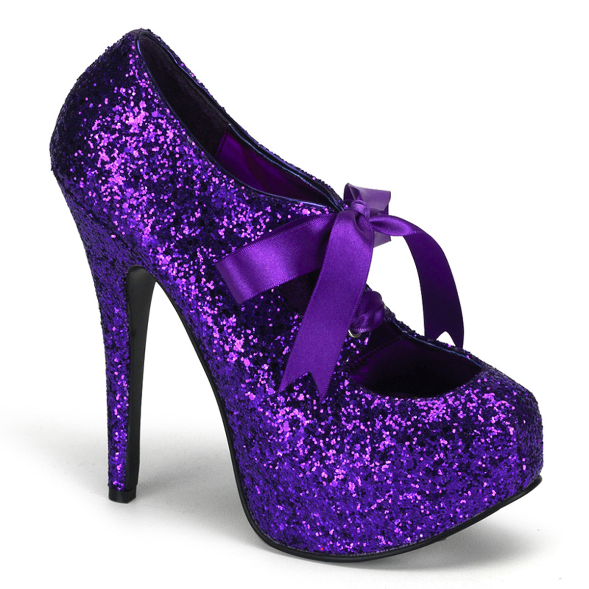 BORDELLO TEEZE-10G 5 3/4" Heel Gltr. Concealed PF Pump W/Ribbon Lace Purple Gltr