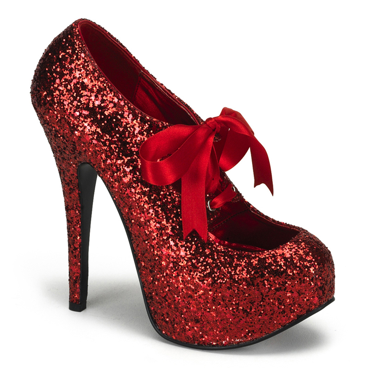 BORDELLO TEEZE-10G 5 3/4" Heel Gltr. Concealed PF Pump W/Ribbon Lace Red Gltr