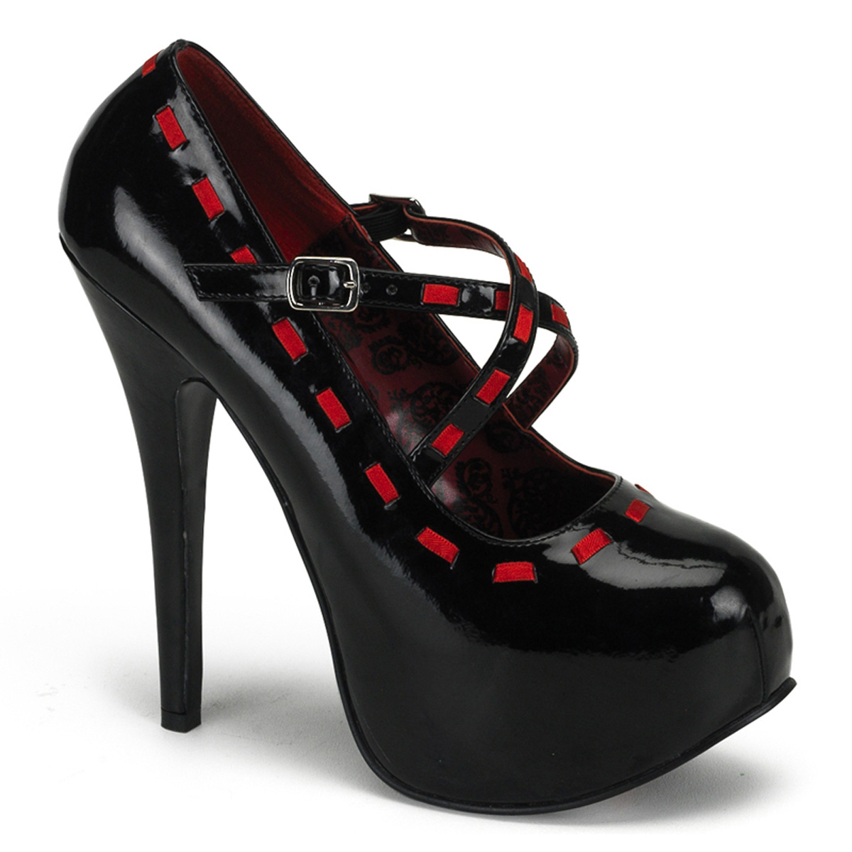 BORDELLO TEEZE-18 Criss Cross Buckle Strap Maryjane W/PF Pump Blk Pat-Red Ribbon