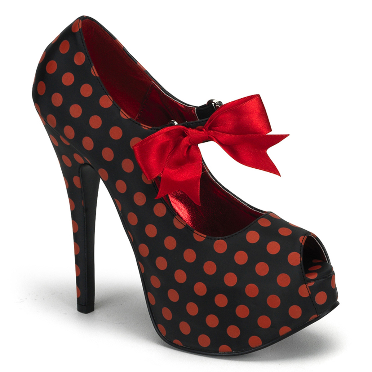 BORDELLO TEEZE-25 5 3/4" Heel Peep Toe Pump W/Concealed Platform Blk Satin Pu-Red (Polka Dots)