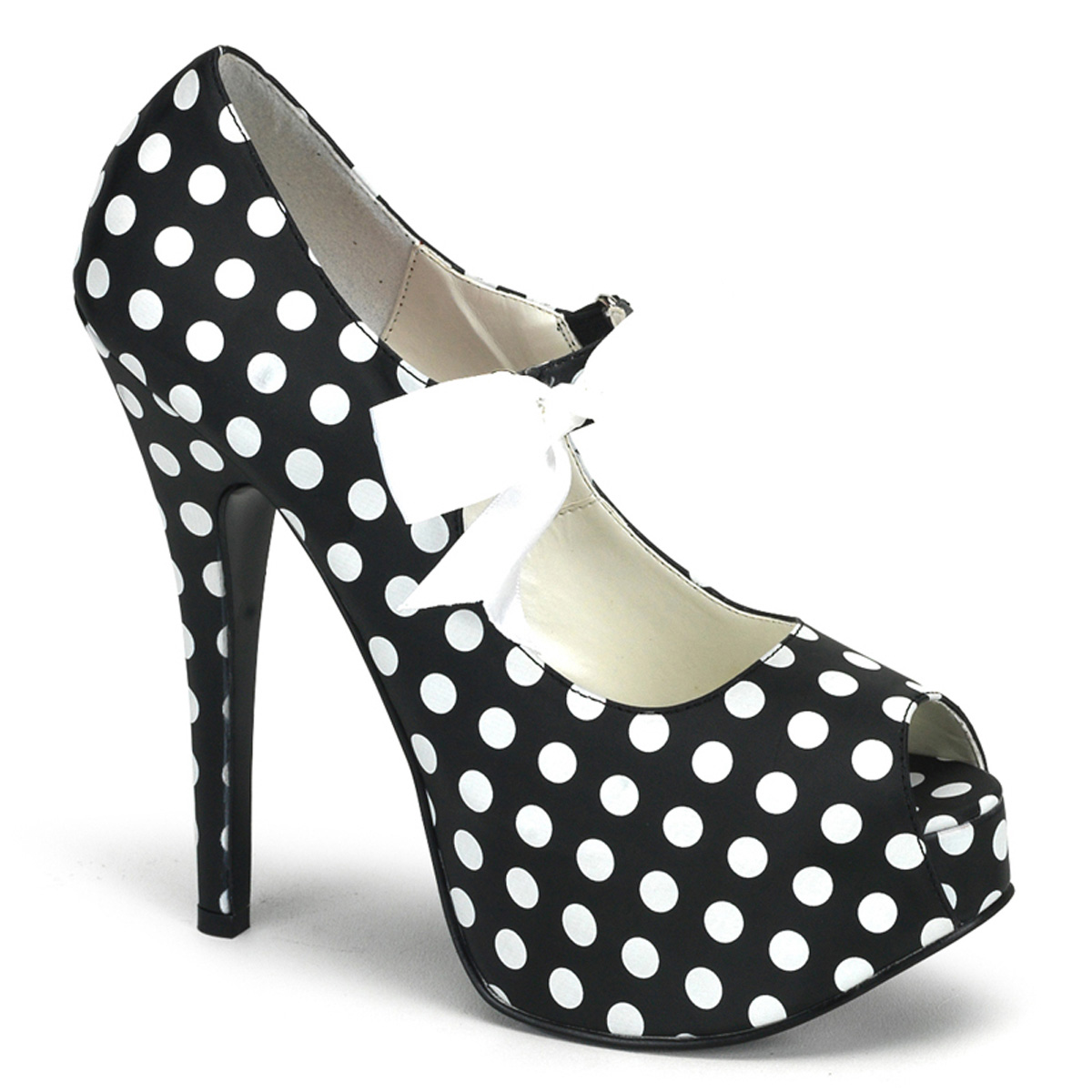 BORDELLO TEEZE-25 5 3/4" Heel Peep Toe Pump W/Concealed Platform Blk Satin Pu-Wht (Polka Dots)