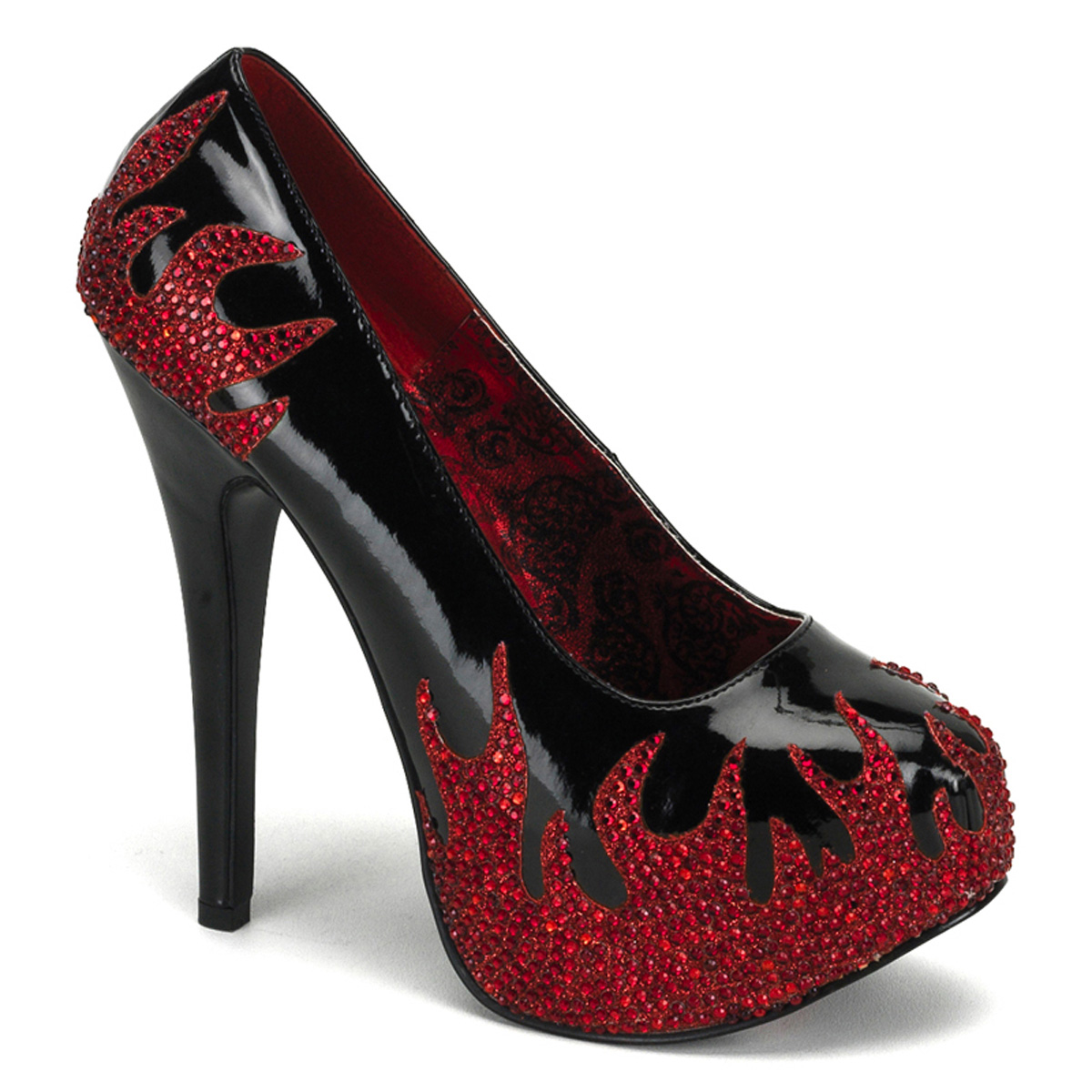 BORDELLO TEEZE-27 5 3/4" Concealed Platform Pump W/Rhinestone Flames Blk Pat-Red Rstn