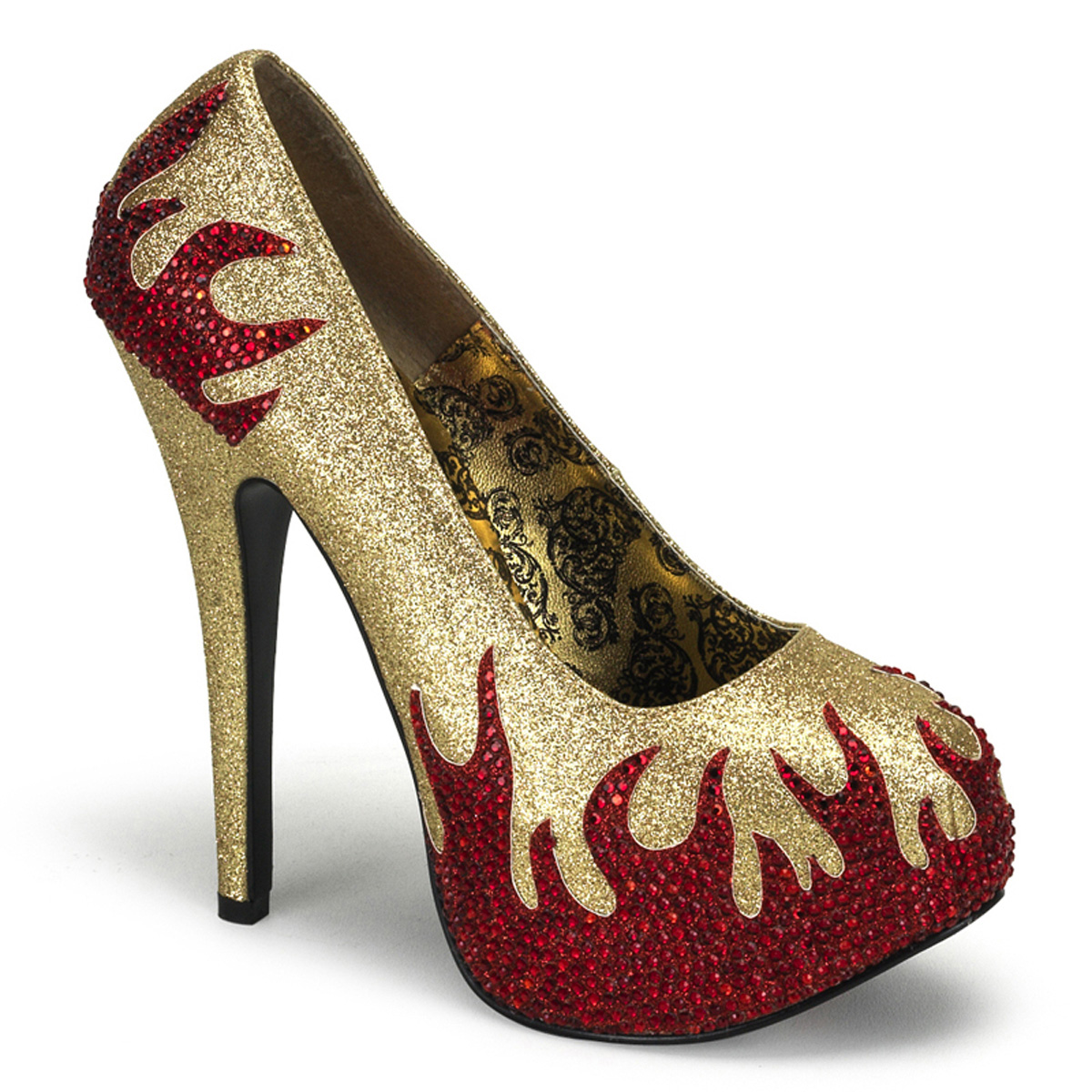 BORDELLO TEEZE-27 5 3/4" Concealed Platform Pump W/Rhinestone Flames Gold Mini Gltr-Red Rstn