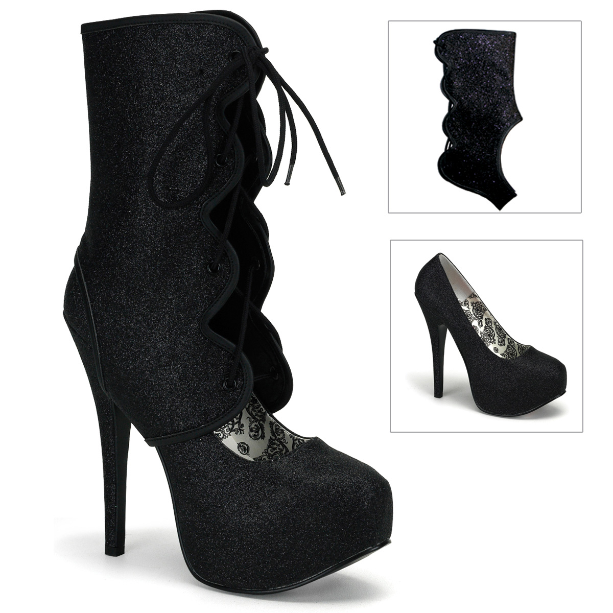 BORDELLO TEEZE-31G 5 3/4" Glitter Concealed Platform Pump W/Shaft Blk Mini Gltr