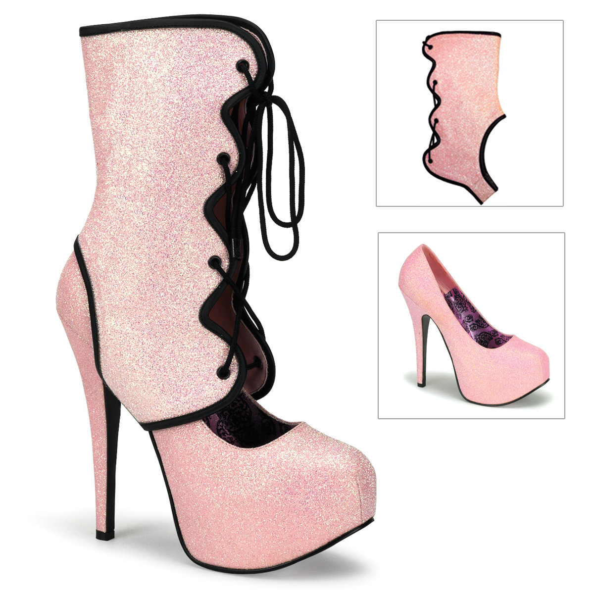 BORDELLO TEEZE-31G 5 3/4" Glitter Concealed Platform Pump W/Shaft B. Pink Mini Gltr